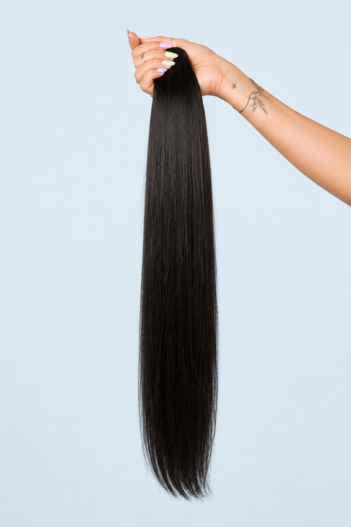 02 natural black — genius weft, hand held, pale blue seamless