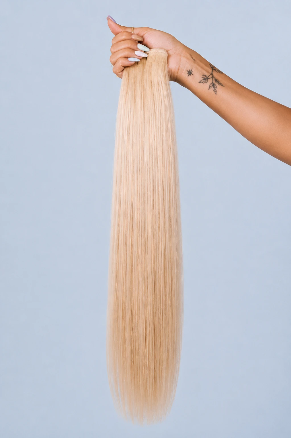 15 bleach blonde — genius weft, hand held, pale blue seamless